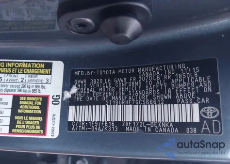 2016 Toyota Corolla Le z USA, uszkodzony, nr VIN 2T1BURHE7GC566612